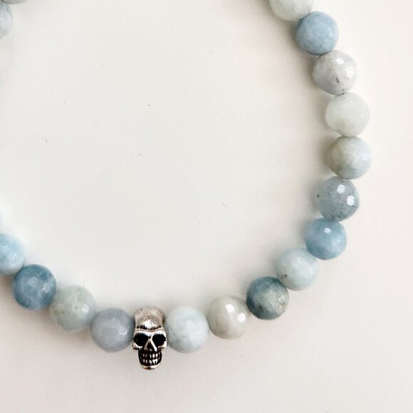 AQUAMARINE GEMSTONE BRACELET W/ 925 SILVER SKULL BEAD - Picture 3 of 3